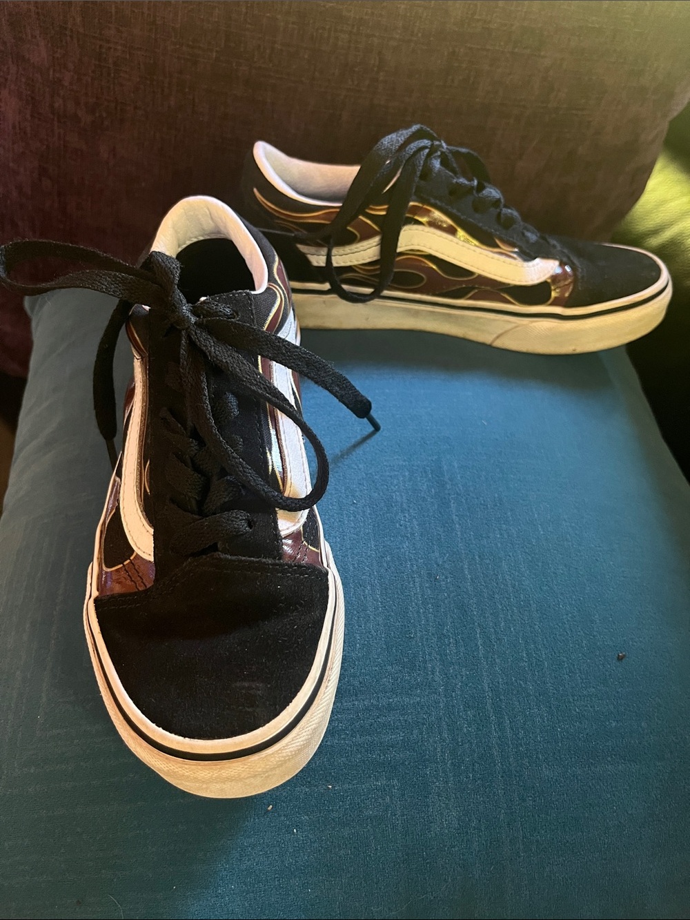 Vans Old Skool Black with White Stripe and Brown Flame Detail